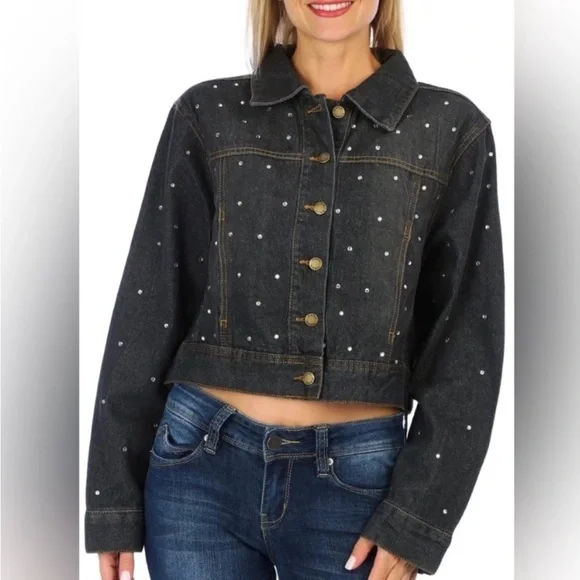 Bebe Black Jean Jacket with Stud Accents - Picture 2 of 10